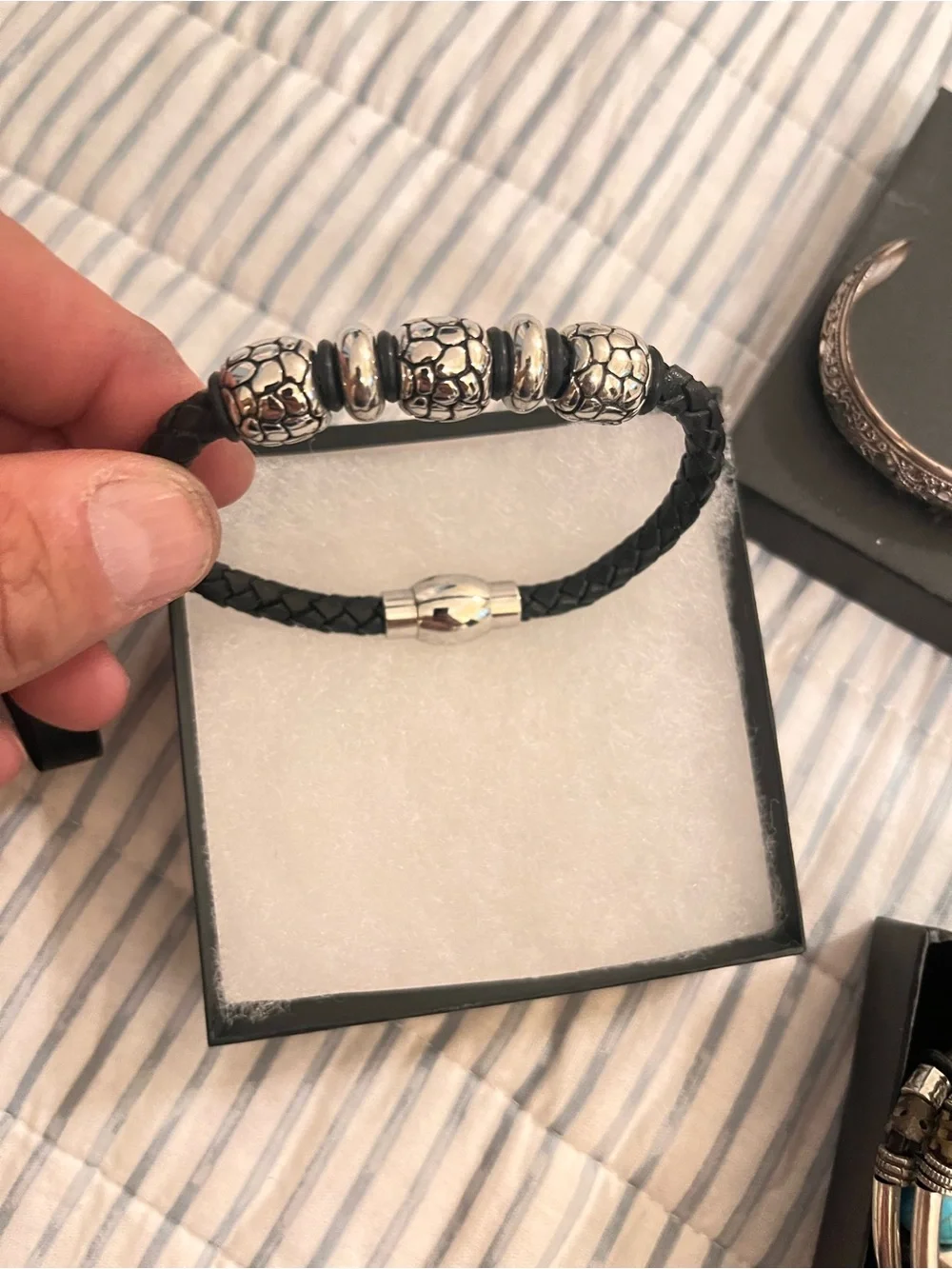 Men's Black Braided Leather Bracelet with Silver Bead Accents